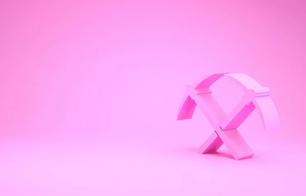 Ícone de picareta cruzada rosa isolado no fundo rosa. Tecnologia Blockchain, mineração criptomoeda, bitcoin, altcoins, mercado monetário digital. Conceito de minimalismo. 3D ilustração 3D render — Fotografia de Stock