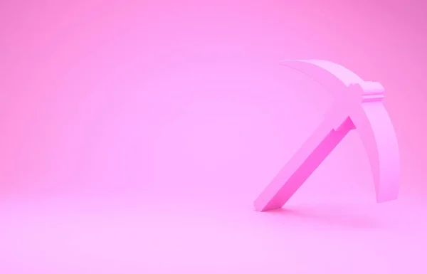 Ícone de picareta rosa isolado no fundo rosa. Tecnologia Blockchain, mineração criptomoeda, bitcoin, mercado monetário digital, carteira cryptocoin. Conceito de minimalismo. 3D ilustração 3D render — Fotografia de Stock