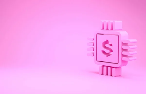 Rosa processor chip med dollar ikon isolerad på rosa bakgrund. Cpu och ett dollartecken. Minimalistiskt koncept. 3D-illustration 3D-återgivning — Stockfoto