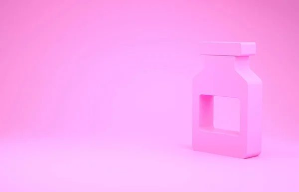 Ícone de garrafa de medicina rosa isolado no fundo rosa. Sinal de pílula de garrafa. Design de farmácia. Conceito de minimalismo. 3D ilustração 3D render — Fotografia de Stock
