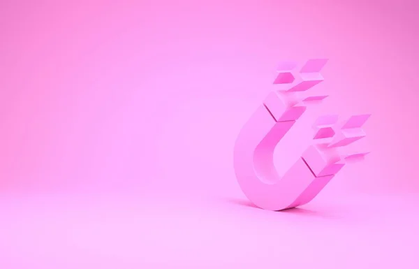 Рожевий магніт з піктограмою блискавки ізольовано на рожевому фоні. Підковоподібний магніт, магнетизм, намагніченість, знак тяжіння. Концепція мінімалізму. 3D ілюстрація 3D рендеринга — стокове фото