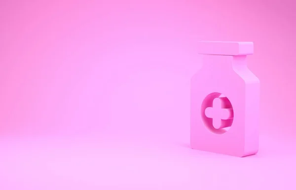 Ícone de garrafa de medicina rosa isolado no fundo rosa. Sinal de pílula de garrafa. Design de farmácia. Conceito de minimalismo. 3D ilustração 3D render — Fotografia de Stock