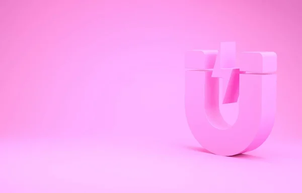 Icono de imán rosa con rayo aislado sobre fondo rosa. Imán de herradura, magnetismo, magnetización, signo de atracción. Concepto minimalista. 3D ilustración 3D render — Foto de Stock