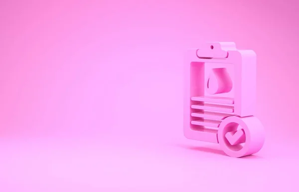 Appunti medici rosa con l'icona dei risultati degli esami del sangue isolato su sfondo rosa. Cartella clinica, prescrizione medica, referti medici. Concetto minimalista. Illustrazione 3d rendering 3D — Foto Stock