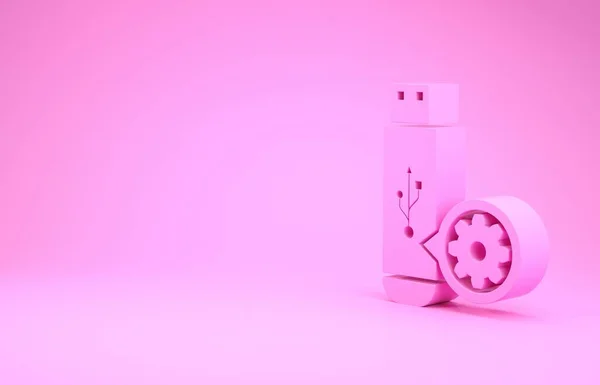 Unidad flash USB rosa e icono de engranaje aislado sobre fondo rosa. Ajustar la aplicación, concepto de servicio, opciones de configuración, mantenimiento, reparación, fijación. Concepto minimalista. 3D ilustración 3D render —  Fotos de Stock