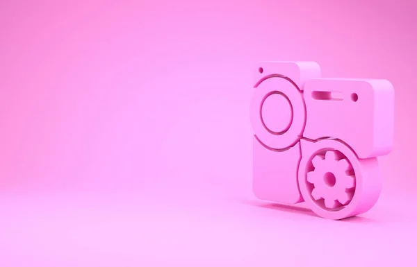 Pink Video camera and gear icon isolated on pink background. Adjusting app, service concept, setting options, maintenance, repair, fixing. Minimalism concept. 3d illustration 3D render