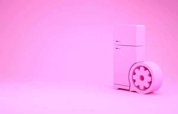 Réfrigérateur rose et icône d'engrenage isolés sur fond rose. Réglage app, concept de service, options de réglage, entretien, réparation, réparation. Concept de minimalisme. Illustration 3D rendu 3D — Photo