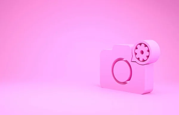 Fotocamera rosa e icona ingranaggio isolato su sfondo rosa. Regolazione app, concetto di servizio, opzioni di impostazione, manutenzione, riparazione, fissaggio. Concetto minimalista. Illustrazione 3d rendering 3D — Foto Stock