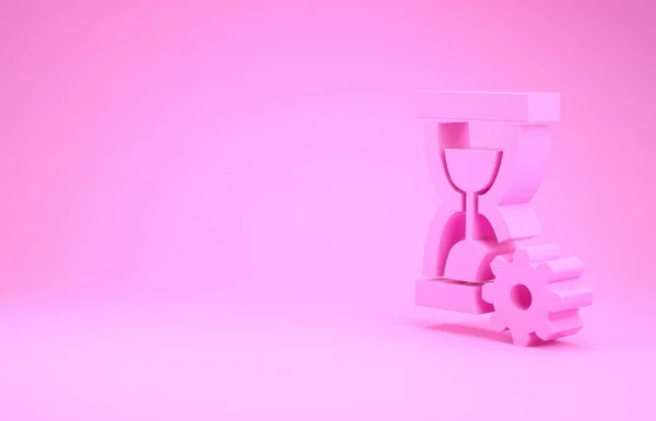 분홍색 모래시계와 기어 아이콘은 핑크 배경에 분리되어 있습니다. 시간 관리 심볼. 시계와 기어 아이콘. 생산성의 상징. 최소성 개념. 3D 일러스트 3D 렌더링 — 스톡 사진