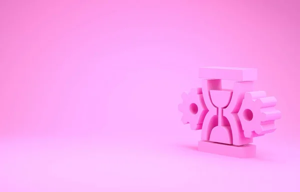 Pembe kum saati ve dişli ikonu pembe arka planda izole edilmiş. Zaman Yönetimi sembolü. Saat ve vites simgesi. Üretkenlik sembolü. Minimalizm kavramı. 3d illüstrasyon 3d canlandırma — Stok fotoğraf