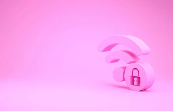 Pink Wifi bloqueado ícone de sinal isolado no fundo rosa. Senha símbolo Wi-fi. Ícone de rede sem fio. Zona Wifi. Conceito de minimalismo. 3D ilustração 3D render — Fotografia de Stock