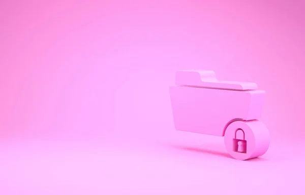 Dossier rose et icône de verrouillage isolés sur fond rose. Dossier fermé et cadenas. Sécurité, sûreté, concept de protection. Concept de minimalisme. Illustration 3D rendu 3D — Photo