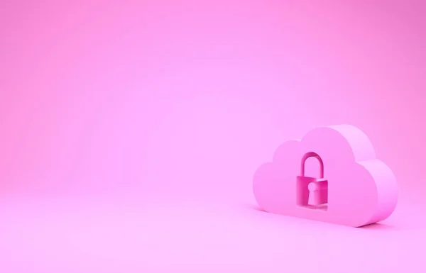 Ícone de bloqueio de computação em nuvem rosa isolado no fundo rosa. Segurança, segurança, proteção conceito. Conceito de minimalismo. 3D ilustração 3D render — Fotografia de Stock