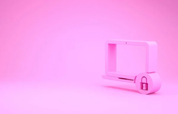 Pink Laptop and lock icon isolated on pink background. Computer and padlock. Security, safety, protection concept. Safe internetwork. Minimalism concept. 3d illustration 3D render — Stock Photo, Image