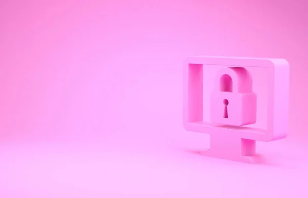 컴퓨터 모니터 상의 분홍색 자물쇠는 핑크 색 배경에 분리되어 있다. 모니터하고 자물쇠를 지켜. 보안, 안전, 보호 개념. 안 전한 인터 네트워크. 최소성 개념. 3D 일러스트 3D 렌더링 — 스톡 사진