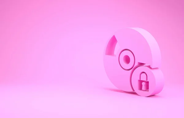 Розовый CD или DVD диск с закрытым значком замка изолированы на розовом фоне. Знак компакт-диска. Безопасность, безопасность, концепция защиты. Концепция минимализма. 3D-рендеринг — стоковое фото