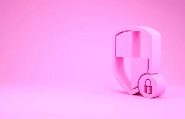 Секьюрити Pink Shield с иконкой замка на розовом фоне. Защита, безопасность, защита паролем. Знак конфиденциальности брандмауэра. Концепция минимализма. 3D-рендеринг — стоковое фото