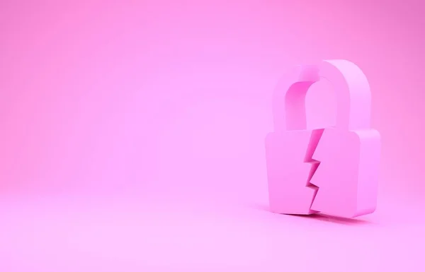Pink Broken or cracked lock icon isolated on pink background. Unlock sign. Minimalism concept. 3d illustration 3D render