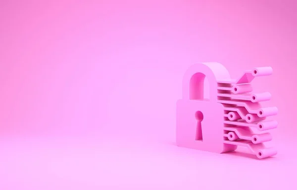 Pink Cyber security icon isolated on pink background. Closed padlock on digital circuit board. Safety concept. Digital data protection. Minimalism concept. 3d illustration 3D render