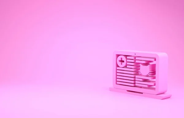 Pink Medical gato registro clínico no ícone laptop isolado em fundo rosa. Formulário de seguro de saúde. Prescrição, relatório de marcas médicas. Conceito de minimalismo. 3D ilustração 3D render — Fotografia de Stock