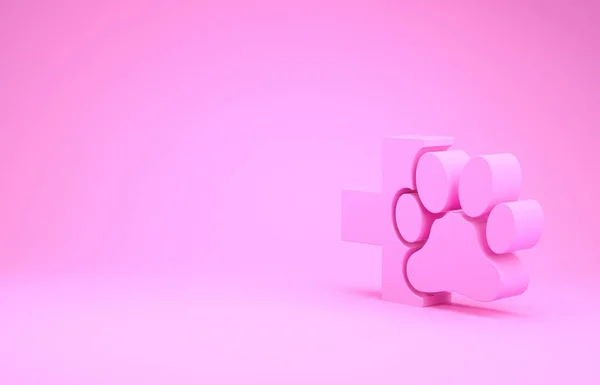 Icono símbolo de la clínica veterinaria rosa aislado sobre fondo rosa. Cruz de la señal del hospital. Un perro o gato estilizado con estampado de pata. Signo de primeros auxilios. Concepto minimalista. 3D ilustración 3D render —  Fotos de Stock