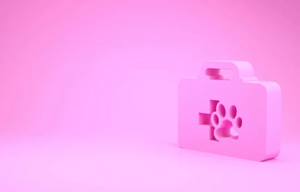 Ícone de kit de primeiros socorros Pink Pet isolado no fundo rosa. Impressão de pata de cão ou gato. Caixa da clínica. Conceito de minimalismo. 3D ilustração 3D render — Fotografia de Stock