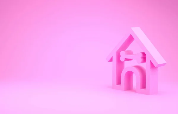 분홍색 배경에는 분홍색 개 집 과 뼈로 된 아이콘 이 따로 있습니다. 개 개집이야. 최소성 개념. 3D 일러스트 3D 렌더링 — 스톡 사진
