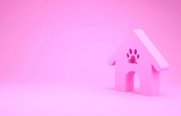 Rosa hund hus och tass utskrift husdjur ikon isolerad på rosa bakgrund. Hundkennel. Minimalistiskt koncept. 3D-illustration 3D-återgivning — Stockfoto