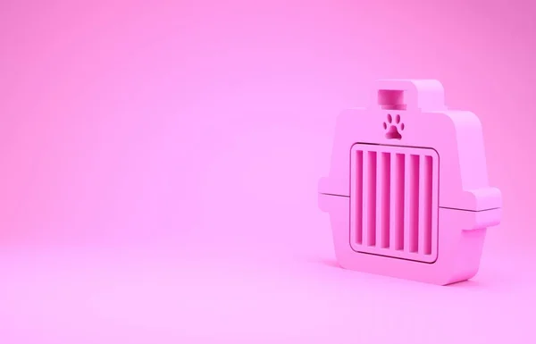 Ícone de estojo de transporte Pink Pet isolado no fundo rosa. Transportador de animais, cão e gato. Recipiente para animais. Caixa de transporte de animais. Conceito de minimalismo. 3D ilustração 3D render — Fotografia de Stock