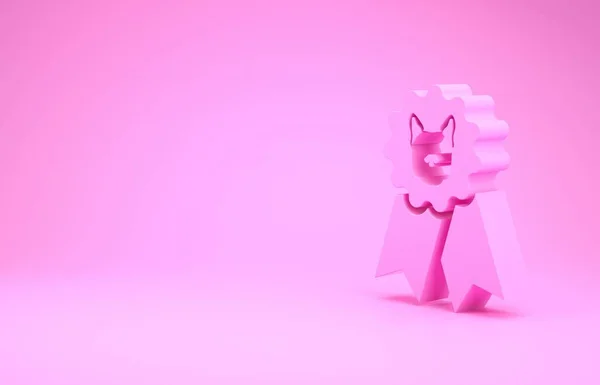 ピンクの背景に隔離されたピンクの犬賞のシンボルアイコン。ペットの展覧会の勝者の概念として犬の足跡とメダル。最小限の概念。3Dイラスト3Dレンダリング — ストック写真