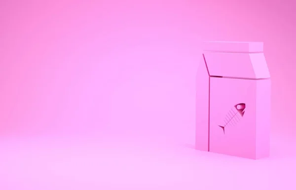 Bolsa rosa de comida para gato icono aislado sobre fondo rosa. Signo de esqueleto de pez. Comida para animales. Paquete de alimentos para mascotas. Concepto minimalista. 3D ilustración 3D render —  Fotos de Stock