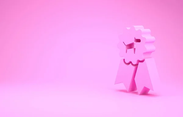 Ícone de símbolo de prêmio Pink Dog isolado no fundo rosa. Medalha com pegada de cão como conceito vencedor da exposição de animais de estimação. Conceito de minimalismo. 3D ilustração 3D render — Fotografia de Stock