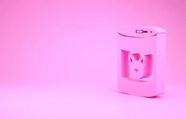 Comida enlatada rosa para o ícone do cão isolado no fundo rosa. Comida para animais. A comida de cão de estimação pode. Conceito de minimalismo. 3D ilustração 3D render — Fotografia de Stock