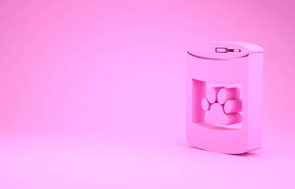 Icône en conserve rose isolée sur fond rose. Nourriture pour animaux. La nourriture pour animaux peut. Empreinte de patte de chien ou chat. Concept de minimalisme. Illustration 3D rendu 3D — Photo