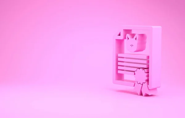 Rosa medicinskt intyg för resor med hund eller katt ikon isolerad på rosa bakgrund. Dokument för husdjur. Hund- eller katttassavtryck. Minimalistiskt koncept. 3D-illustration 3D-återgivning — Stockfoto