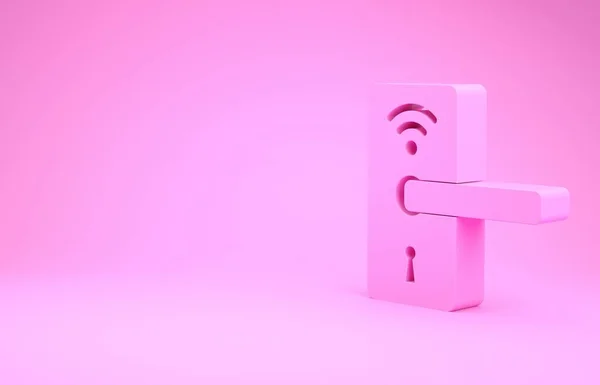 Pink Digital door lock with wireless technology for unlock icon isolated on pink background. Door handle sign. Security smart home. Minimalism concept. 3d illustration 3D render