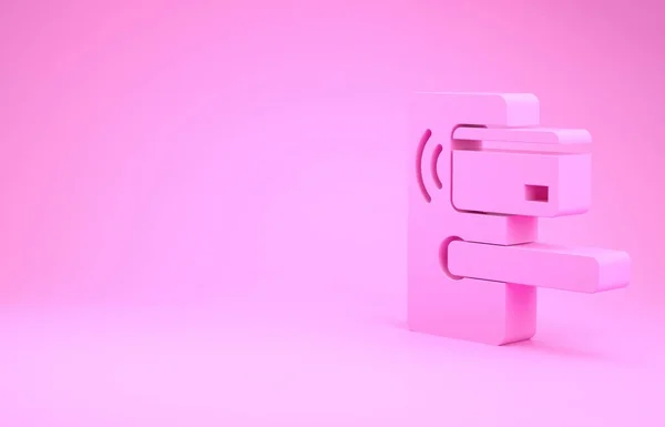 Růžový digitální zámek dveří s bezdrátovou technologií pro odemykání ikony izolované na růžovém pozadí. Nápis s klikou. Bezpečnostně chytrý domov. Minimalismus. 3D ilustrace 3D vykreslení — Stock fotografie