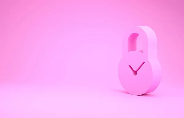 Розовый замок с часовой иконкой на розовом фоне. Контроль времени. Блокировка и обратный отсчет, крайний срок, график, символ планирования. Концепция минимализма. 3D-рендеринг — стоковое фото