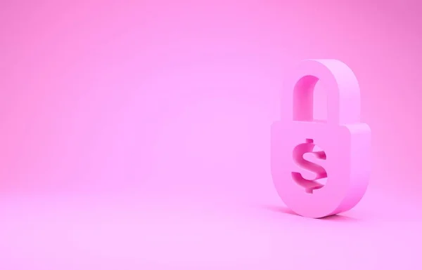 Ikona Růžové peníze zámek izolované na růžovém pozadí. Padlock a symbol dolaru. Finance, zabezpečení, bezpečnost, ochrana, koncepce soukromí. Minimalismus. 3D ilustrace 3D vykreslení — Stock fotografie