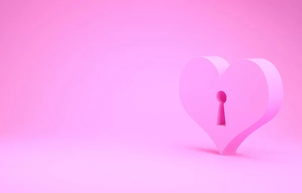 Rózsaszín Szív kulcslyuk ikon elszigetelt rózsaszín háttér. Bezárt Szív. Szerelem szimbólum és kulcslyuk jel. Minimalizmus koncepció. 3d illusztráció 3d render — Stock Fotó