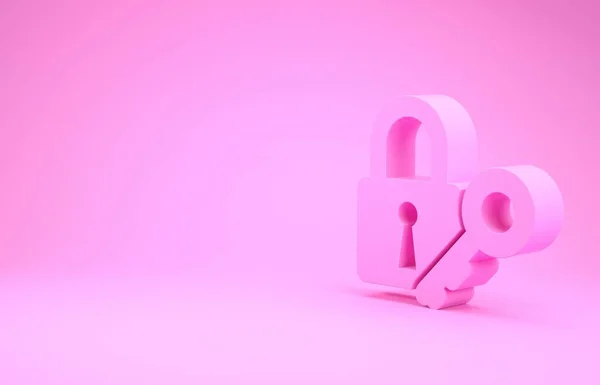 Verrouillage rose et icône clé isolés sur fond rose. Panneau cadenas. Sécurité, sûreté, protection, concept de vie privée. Concept de minimalisme. Illustration 3D rendu 3D — Photo