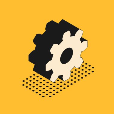 Sarı arkaplanda Isometric Gear simgesi izole edildi. Çarklı teçhizat ayarları. İşçi sembolü. Vektör İllüstrasyonu