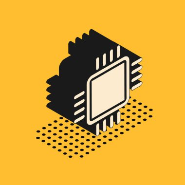 Mikro devreli Isometric Bilgisayar işlemci simgesi sarı arkaplanda izole edildi. Devre kartı işaretli çip ya da işlemci. Mikro işlemci. Vektör İllüstrasyonu