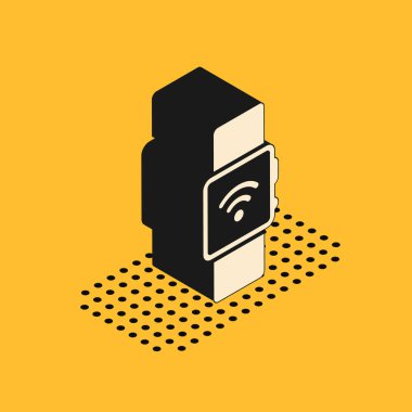 Sarı arkaplanda izole edilmiş kablosuz sembol simgesine sahip Isometric Smartwatch. Vektör İllüstrasyonu