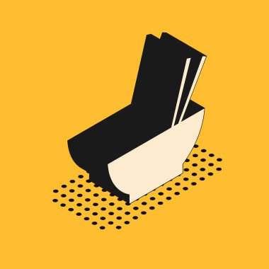 Asya yemeği ve sarı arka planda izole edilmiş bir çift yemek çubuğu silueti olan Isometric Bowl. Hazırlık kavramı, doğu diyeti. Vektör İllüstrasyonu