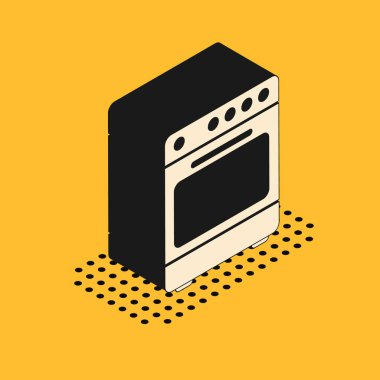 Isometric Oven simgesi sarı arkaplanda izole edildi. Fırın tabelası. Vektör İllüstrasyonu