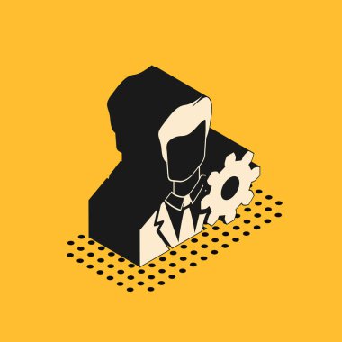 Sarı arkaplanda Isometric Profil ayarları simgesi izole edildi. Kullanıcı ayarı simgesi. Avatar 'ın çarklı profilini çıkar. Hesap simgesi. Erkek silueti. Vektör İllüstrasyonu