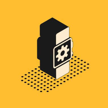 Isometric Smartwatch ayar simgesi sarı arkaplanda izole edildi. Akıllı saat ayarları. Vektör İllüstrasyonu