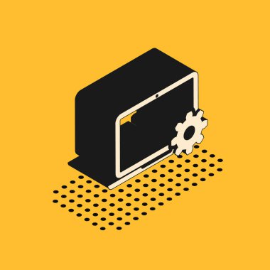 Isometric Laptop and gear icon isolated on yellow background. Laptop service concept. Adjusting, service, setting, maintenance, repair, fixing. Vector Illustration