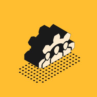 Isometric Project ekip taban simgesi sarı arkaplanda izole edildi. İş analizi ve planlama, danışmanlık, takım çalışması, proje yönetimi. Vektör İllüstrasyonu